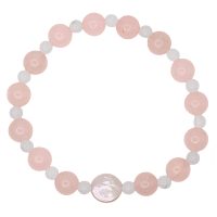 ROSE QUARTZ & WHITE JADE BRACELET W/ FEATURE FRESH WATER PEARL