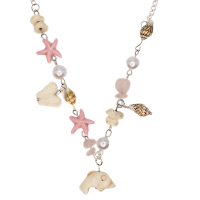 P8304 ROSE QUARTZ CHIP NECKLACE W/ MARINE CHARMS
