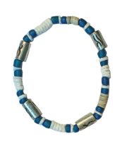WHITE HEISHIE SHELL W/ METAL WAVE FEATURE BEADS AND BLUE BEADS BRACELET
