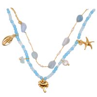 2 STRAND AQUA CHOKER SET W/ PALM, STARFISH & COWRIE