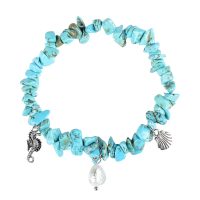 TURQUOISE CHIP BRACELET W/ SEAHORSE, PEARL & SHELL CHARMS