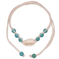 WHITE STRING AQUA BEAD COWRIE SHELL BRACELET