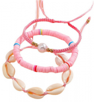 3-PIECE PINK STRING, PINK DISCS AND SHELLS BRACELET