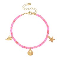 DAINTY PINK SHELL ANKLET W/ GOLD SHARK TOOTH, SHELL, STARFISH