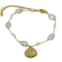 STAINLESS STEEL GOLD CLAM W/ PEARL BRACELET