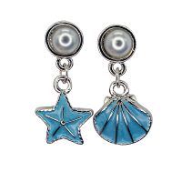 E2164 MISMATCHED BLUE STARFISH/SHELL PEARL EARRINGS
