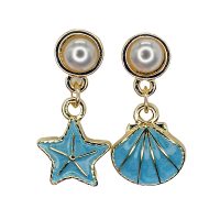 E2165 MISMATCHED BLUE GOLD STARFISH/SHELL PEARL EARRINGS