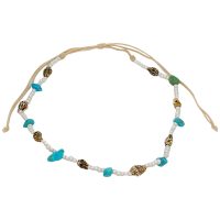 P8178 WHITE BEADS STRING CHOKER W/BLUE BEADS AND SHELLS
