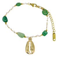 BR8267 GREEN STONE AND PEARL BEAD GOLD SHELL BRACELET