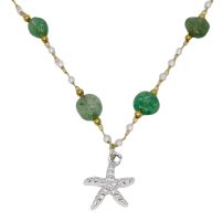 P8266 GREEN STONE AND PEARL BEAD STARFISH PENDANT