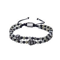 BR7329 S/S 2 STRAND MATTE BLK & GREY SKULL BRACELET
