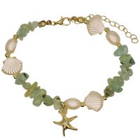 BR8308 LIGHT GREEN CHIP BRACELET W/ PEARLS, CLAMS & STARFISH
