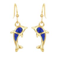 E2177 BLUE SYNTHETIC OPAL STAINLESS STEEL GOLD DOLPHIN EARRINGS