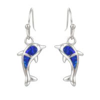 E2178 BLUE SYNTHETIC OPAL STAINLESS STEEL  DOLPHIN EARRINGS