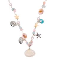 P8305 ROSE QUARTZ CHIP NECKLACE W/ SHELLS & MARINE CHARMS