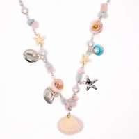P8305 ROSE QUARTZ CHIP NECKLACE W/ SHELLS & MARINE CHARMS