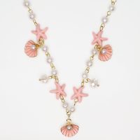 P8306 PEARL NECKLACE W/ PINK STARFISH & CLAM