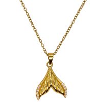 P8466 STAINLESS STEEL GOLD AND TINY CRYSTALS WHALE TAIL PENDANT