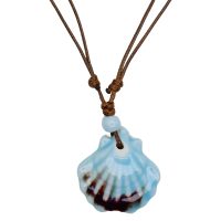 P8493 BLUE CERAMIC SHELL BROWN STRING PENDANT